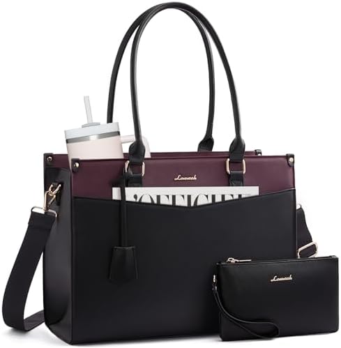 LOVEVOOK 15.6 inch Laptop Bag for Women, 2-in-1 Multi-Pocket Leather Tote Purse with Elegant Clutch & Cup Holder, Waterproof Large Structured Capacity Work Briefcase for Office Travel, Wine Red-Black