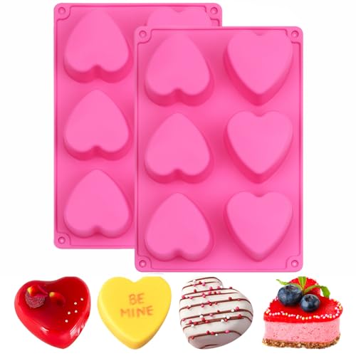 BAKER DEPOT 6 Holes Heart Shaped Silicone Mold For Chocolate Cake Jelly Pudding Handmade Soap Mould Candy Making Set of 2