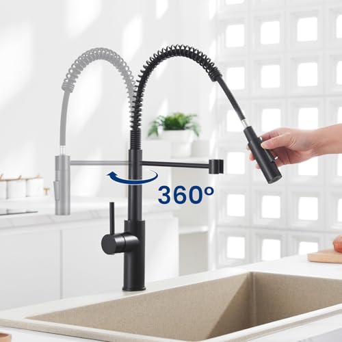 CECIPA Black Kitchen Tap with Spring and 2 Types of Jet, High Arc Kitchen Mixer Tap Black with Pull-Out Shower, 360° Swivel Sink Tap, Stainless Steel Mixer Tap