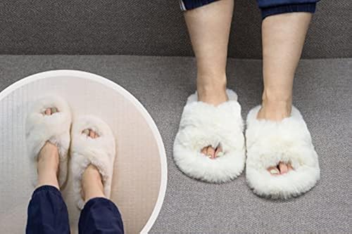 Women's Fuzzy Fluffy Fur Slippers - Open Toe Cozy House Sandals, Anti-Slip Indoor/Outdoor Slides, Pink 7.5-8.5