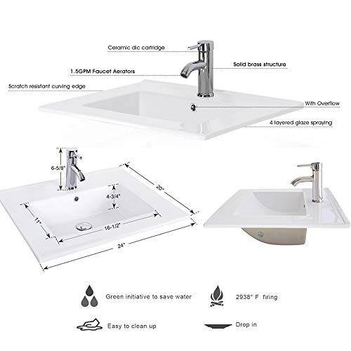 U-Eway 24" Rectangle Drop In White Bathroom Ceramic Sink Porcelain Top With Overflow Faucet Chrome 1.5 GPM Pop Up Drain Water Supply Lines EA08