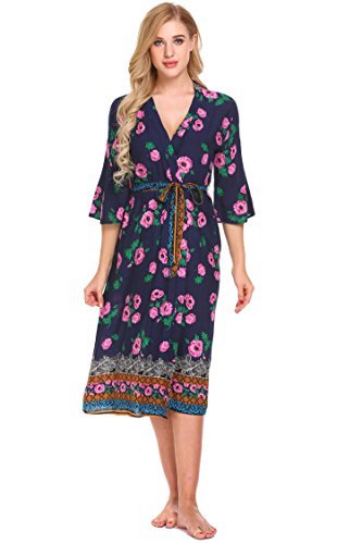luxilooks Womens Bathrobe Print Long Lightweight Spa Kimono Robe Sleepwear (Blue, M)