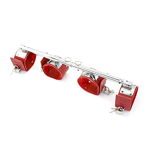 SCARLET KITTEN Metal Spreader Bar with 4 Leather Adjustable Straps Set, Silver and Red
