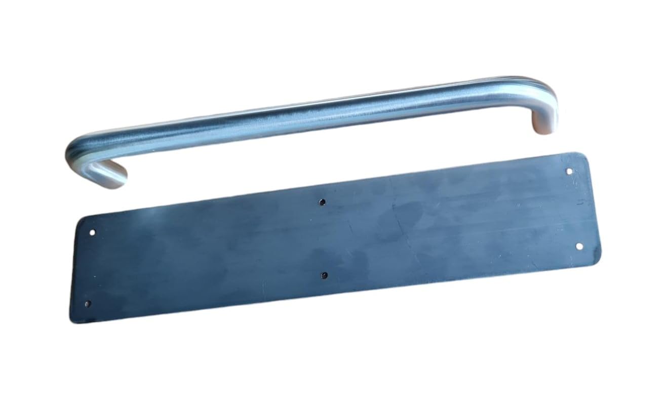 Pull Handle & Push Plate Set. Approved SSS 300mm x 19mm Bolt Through Pull Handle with SSS 350mm x 75mm Push Plate with Radius Corners, drilled and countersunk. Satin Stainless Steel.