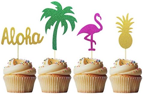 24 PCS Tropical Style with Aloha Flamingo Coconut Tree Pineapple Cupcake Toppers for Theme Party Birthday Party Wedding Party Decorations