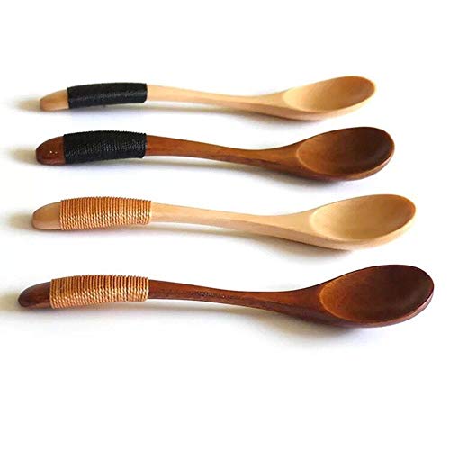 sansheng 4Pcs Mini Wooden Spoons, Wood Soup Spoons for Eating Mixing Stirring Cooking, Handle Spoon with Japanese Style Kitchen Utensil, with Tied Line on Handle(13.5cm) - Thumbnail 7