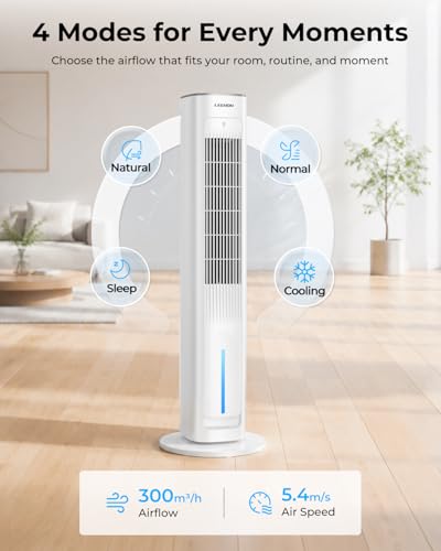 LEENON Silent Column Fan, 3L Capacity Oscillating Fan with Remote Control and 3 Speeds, 3 Modes and 12H Timer Column Fan for Home and Office – White
