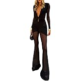 Wuitrie Sexy Jumpsuits for Women See Through Mesh Deep V Neck Flare Ruched One Piece Jumpsuit Elegant Club Date Night Outfits