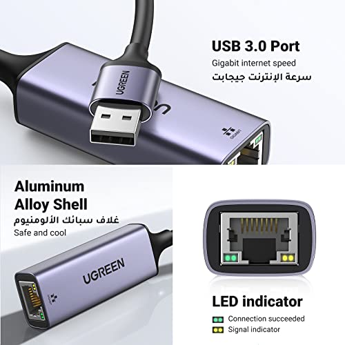 UGREEN USB 3.0 Ethernet Adapter Aluminum, 1000Mbps Gigabit RJ45 LAN Internet Adapter, for Office/Home/Gaming, Compatible with MacBook, iMac, PC, Switch, Surface Pro, Windows, Mac OS/IOS, Linux, Grey