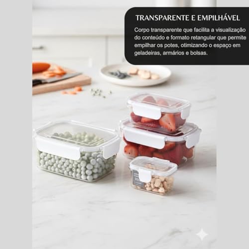 Kit 4 Mini Potes Hermético Retangular Plástico Transparente 50ml 7x5x4cm Tampa c/Trava de Segurança, Organizador de Alimentos, Porta Molhos, Reutilizáveis e Atóxico Livre BPA