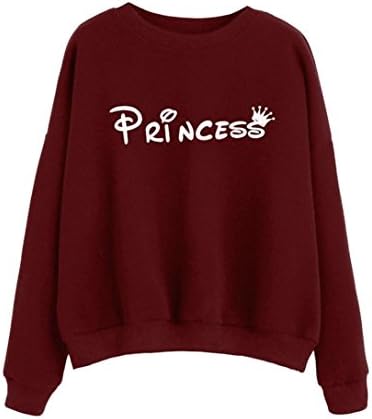 Welcomeuni Women Princess long Sleeve Blouse Letter Print Sweatshirt Pullovers (M, Wine Red)