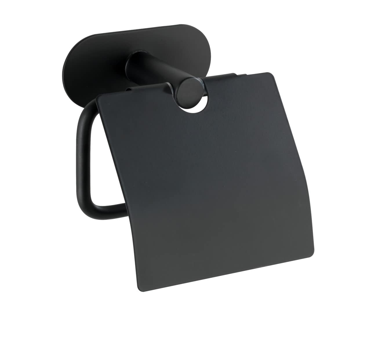 WENKO Turbo-Loc® Stainless Steel Toilet Roll Holder with Lid Orea Black Matt - Toilet Roll Holder, Attaches Without Drilling, Rustproof Stainless Steel, 14 x 12.5 x 7 cm, Black