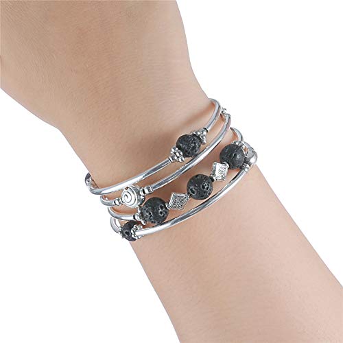 Pearl&Club Beaded Bangle Wrap Lava Bracelet - Fashion Jewelry Multilayer Charm Bracelet with Thick Silver Metal Beads, Gift for Women and Girls (Lava Bracelet) - Thumbnail 2