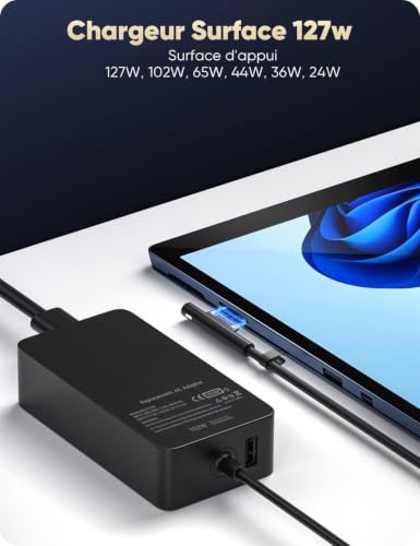 Surface Charger 127W 15V 8A Power Supply for Microsoft Surface Book 3/Book 2/1, Laptop Studio 2/1, Pro 11/10/9/8/7+/7/6/5/4/3/X, Laptop 7/6/5/4/3, Windows Go/Tablet