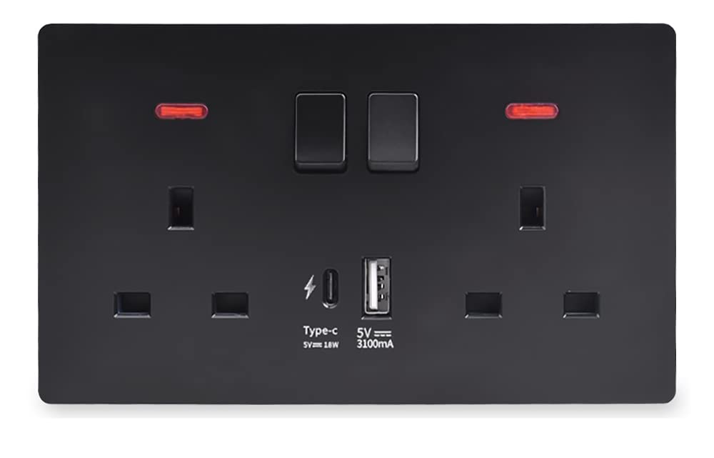 Wallpoint UK Plug Wall Switch Double PC Socket 13A 2 USB Charging Ports (Black type-C (18W))