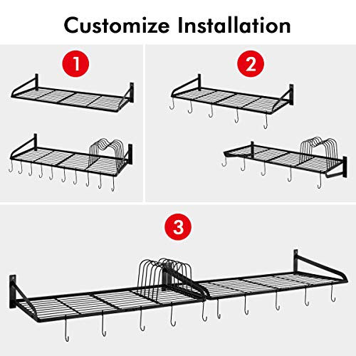 Sunix Pan Pot Rack, Wall Mounted 2-Tier Pan Hanging Racks, Pot Shelf Organizer with 10 Hooks and Pot Lids Holder