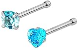 Set of 2 Straight Nose Studs: 20g Surgical Steel Round & Heart Shaped Aqua CZ Crystal Nose Rings
