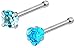 Set of 2 Straight Nose Studs: 20g Surgical Steel Round & Heart Shaped Aqua CZ Crystal Nose Rings