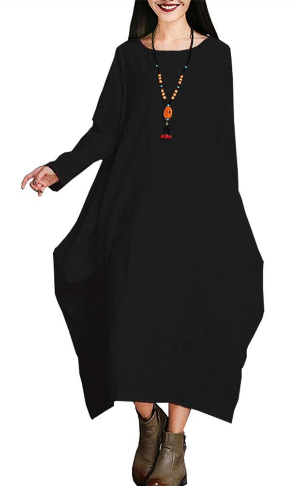 Ninmon Shares Women Linen O-Neck Sleeveless & Long Sleeve Loose Big Swing Beach Maxi Dresses