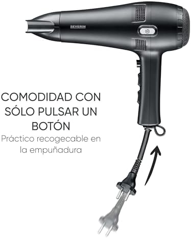 Secador de pelo, secador potente, enrollador automático del cable con solo pulsar un botón, con botón de aire frío, dos accesorios adicionales, 2100 W, negro, HT 0165