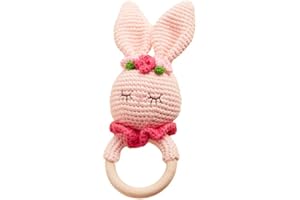 Chippi & Co Crochet Wooden Baby Rattle, Crochet Baby Toys Stuffed Animals Easter Gifts for Kids, Wooden Newborn Toys, Easter Basket Stuffers, Basket Filler for Girls, Boys, Bunny Decor (Clover Bunny)