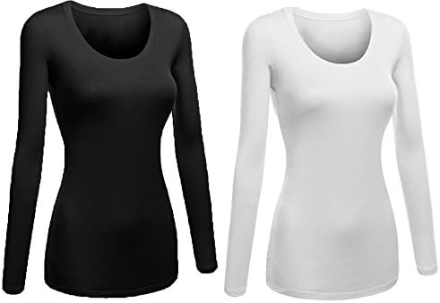 Emmalise Women's Plain Basic Scoop Neck Long Sleeve Tshirt Tee - 2Pk - Black, White, L