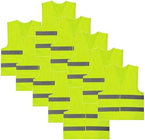 HKANG High Visibility Safety Yellow Jacket Vest 360 Degree Reflective Strips Breathable Polyester Fluorescent Warning Waistcoat Traffic/Cycling/Driving Good Vis Night Work Wear,10Pcs [Energy Class A]