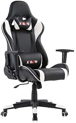 XPELKYS Office Chair Gaming Chair Computer Game Chair Video Game Chair Racing Style High Back PU Leather Chair Executive and Ergonomic Style Swivel Chair with Headrest and Lumbar Support,White