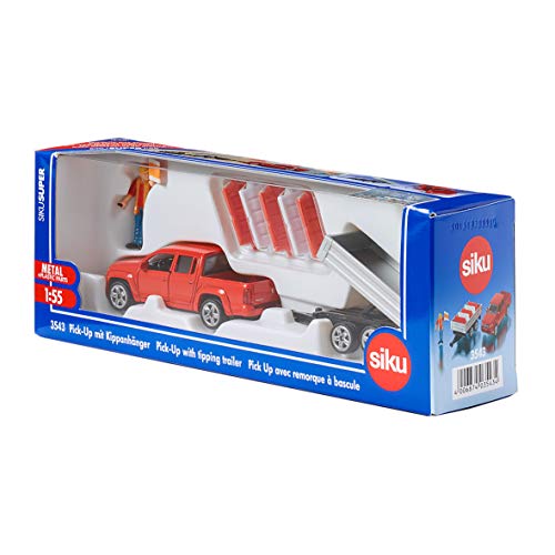 siku 3543, Pick-Up mit Kippanhänger, 1:55, Metall/Kunststoff, Rot, Inkl. Spielzeugfigur und 5 Verkehrsleitblöcke – Bild 5