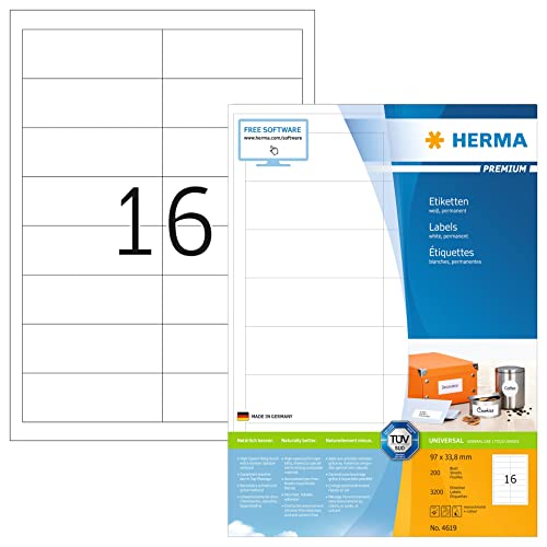 HERMA 4619 Adressetiketten, 200 Blatt, 97 x 33,8 mm, 16 pro A4 Bogen, 3200 Stück, selbstklebend, bedruckbar, matt, blanko Papier Adressaufkleber Etiketten, weiß