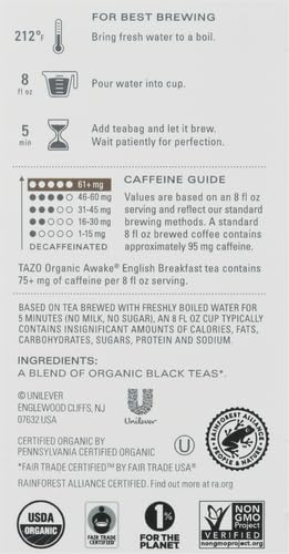TAZO ORGANIC AWAKE ENGLISH BREAKFAST BLACK TEA, BLACK TEA WITH CAFFEINE, 16 TOTAL BAGS