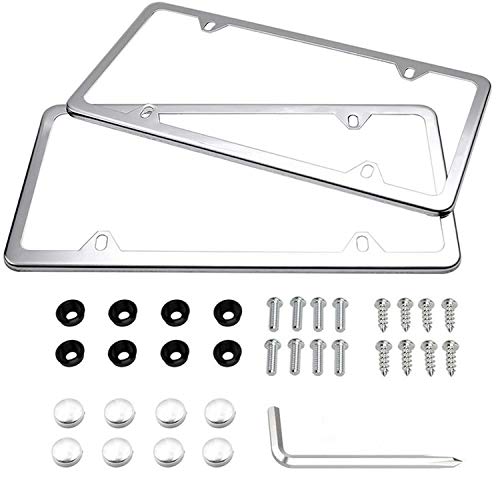 License Plate Frames, Indeebuy 2 Pcs 4 Holes Slim Stainless Steel Polish Mirror License Plate Frame and Chrome Screw Caps