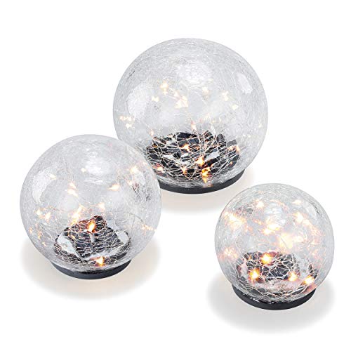 esotec Solarkugel Golden Balls für außen | 3er-Set LED-Leuchtkugel Lichtspiel | Akku Kugelleuchte Kugel Solarleuchte | Gartenlicht Solarlichter | Glas Bruchglas wetterfest IP44 102088