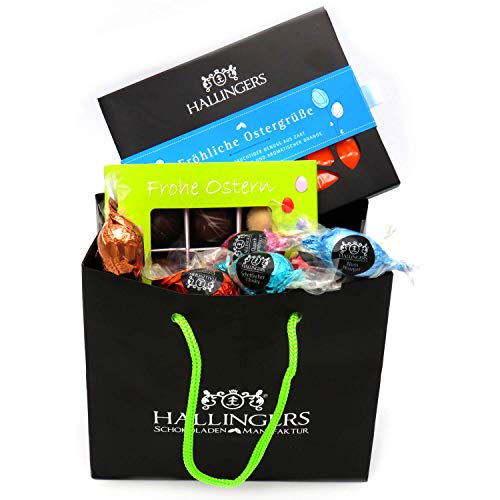 Hallingers Oster-Geschenk-Set 1 Schokolade, 9er Trüffel und 20 Ostereiern für Ostern (519g) - Easter Bag Green Blue… – Bild 3