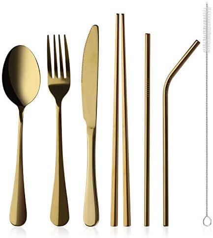 Stainless Steel Flatware Set Reusable Cutlery Set Travel Utensils Set with Straws for Camping Office or School Lunch,Dishwasher Safe (Gold)