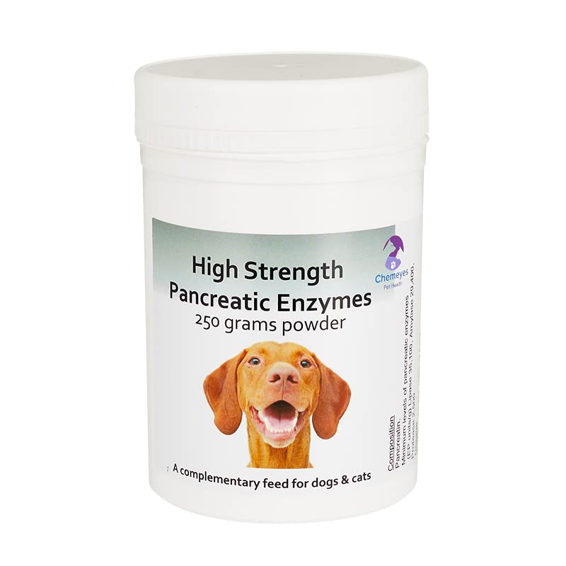 High Strength Pancreatic Enzyme Powder for Dogs & Cats by Chemeyes - Digestive Enzyme Supplement with Amylase, Protease & Lipase - Pancreatin Supports Normal Digestion and Healthy Weight - 250g