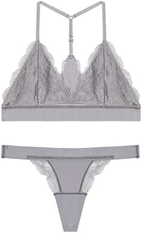 2 Piece Set with Sexy Lace Wireless T-back Bralette and Lace thong (T-back Panties) (L, Gray)