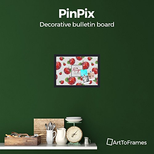 PinPix decorative pin cork bulletin board made from canvas, Recipe Board with Red Apples 18x12 Inches (Completed Size) and framed in Satin Black (PinPix-Group-36)
