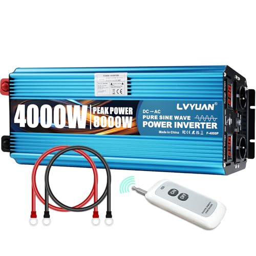 LVYUAN 24V 220V 4000W/8000W Pure Sine Inverter Transformer 2 EU AC Sockets, USB, Wireless Remote Control and LED Display for Solar Systems, Car, Camping, Travel