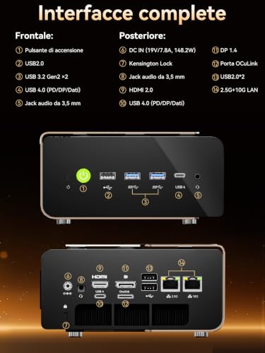 GMKtec T2S AI Mini PC con Intel Ultra X7 358H (superiore a 285H/HX370), Intel Arc B390, 64GB LPDDR5X 8533MHz (16GB×4), SSD PCIe 4.0 1TB, RJ45 10Gbps, WiFi 7, BT5.4, 2×USB4, Oculink, display 4×8K