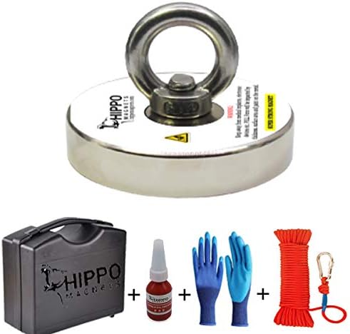 COMPLETE FISHING MAGNET SET - 1500 LBS Pull Force Round Neodymium Magnet, 5” Diameter With Rope & Carabiner, Gloves, Threadlocker, Case By Hippo Magnets