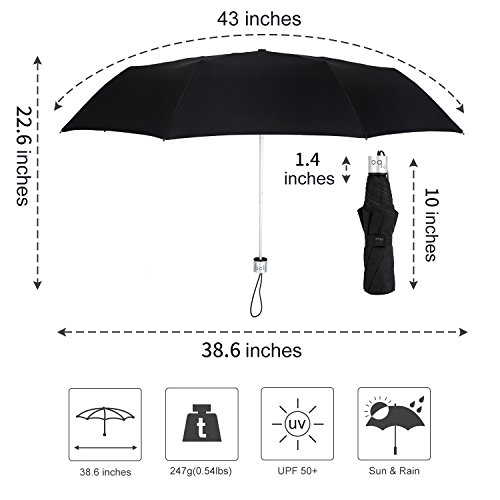 Kobold Travel Umbrella 3 Fold Windproof Lightweight Compact Umbrellas Black Rain & UV Umbrella