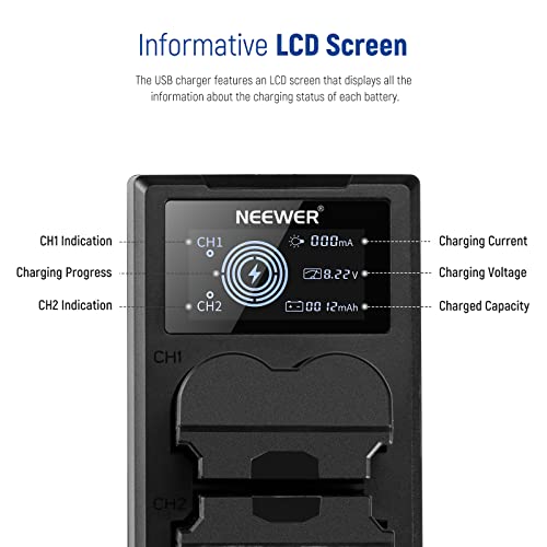 NEEWER NP-W235 Camera Battery Charger Set, Double Slot USB Charger with LCD, Pack of 2, 2400 mAh Replacement Batteries, Compatible with Fujifilm X-T5 X-T4 GFX 100S X-H2S GFX 50S II VG-XT4 Battery Grip