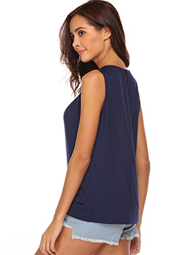 Locryz Women's Summer Sleeveless Pleated Back Closure Casual Tank Tops (L, Navy Blue)