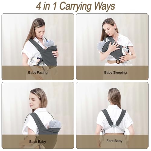 Grey Baby Carrier, Ergonomic Newborn Carrier Wrap with Hip Seat Storage Pocket, Soft Lightweight Adjustable Size Enhanced Lumbar Support Front Facing Back Sling for Toddler 3-36 Months All Seasons