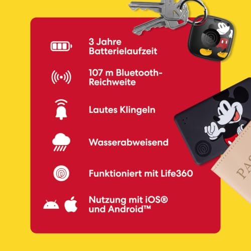 x Disney Tile Starter Pack - Bluetooth-Tracker und Gegenstandfinder für Schlüssel, Geldbörsen und mehr. iOS- & Android-kompatibel. Handy-Finder. 2er-Pack (Schwarz Tile/Slim) - Mickey