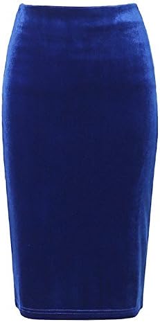 Women Fashion Blue Velvet Midi Pencil Bodycon Skirt