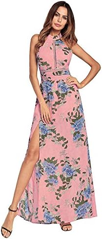 Hotiary Women Floral Halter Long Dress Sleeveless Maxi Chiffon Vintage Split Beach Summer Pink Blue