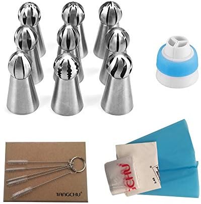 Russian Piping Tips 21PCS Baker's Kit,Set for Cake/Cupcake Decorating | 9 Russian Tips, 5 Disposable Pastry Bags, 1 Coupler, 1 Reusable Silicone Pastry Bag,1 Cotton Pastry Bag