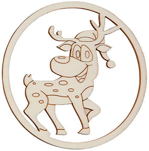 Hofmeister Holzwaren wooden cutouts (Reindeer with hat, round framed)